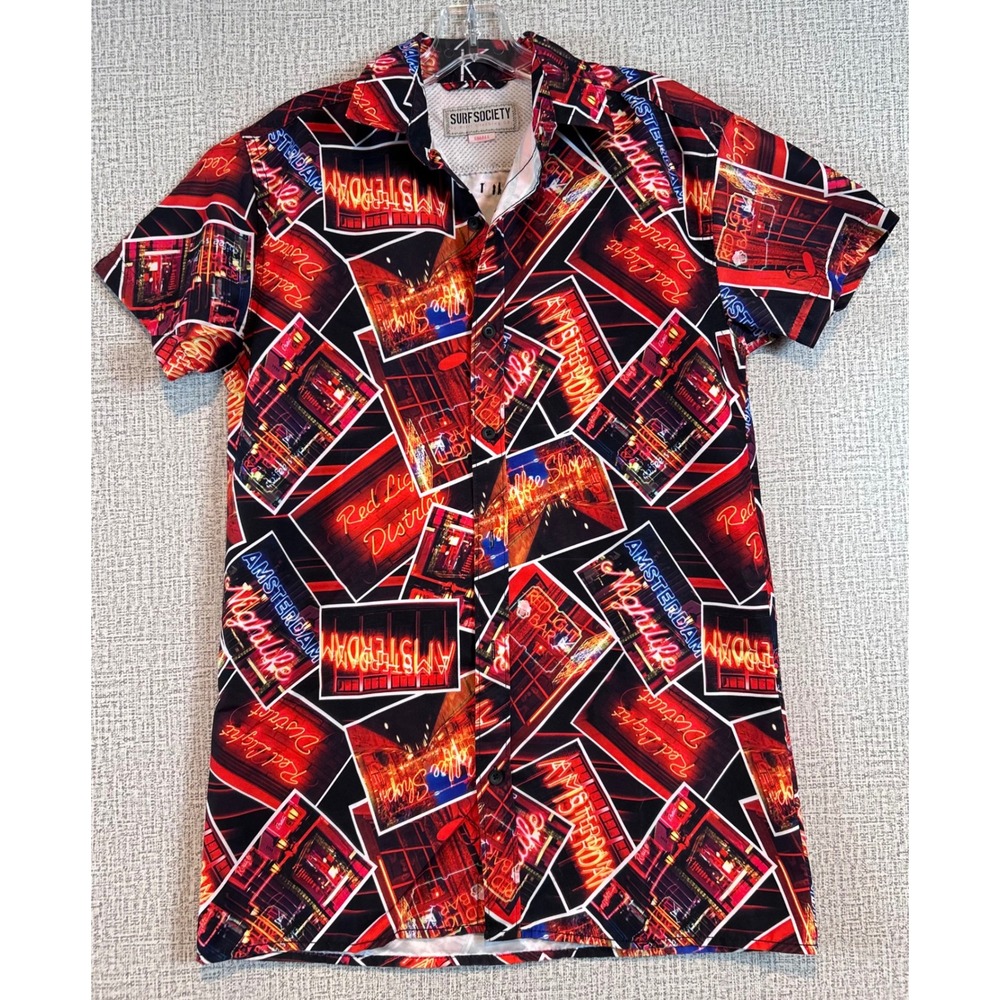 Surf Society Amsterdam Neon Red‎ Light District Button Down Shirt Mens Small